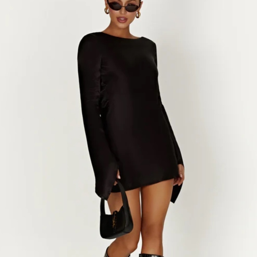 Meshki Davina Long Sleeve Low Back Satin Black Mini Dress